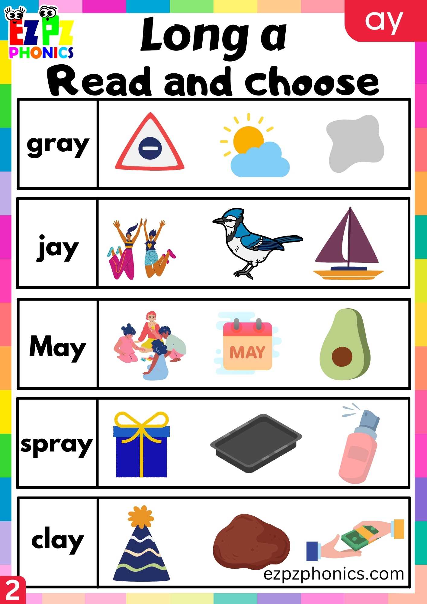 Group2 AY Words Read And Choose Long A Phonics Worksheet